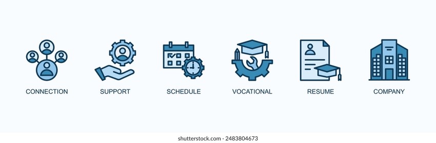 Career Network banner web icon vector illustration concept with Connection, Support, Schedule, Vocational, Resume, Company