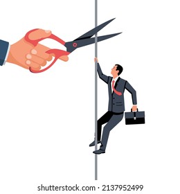 Career obstacle.Businessman climbs up rope. A big hand with scissors cuts off the rope. Difficulties on the way to success. Vector illustration flat design. Isolated on white background.