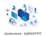 Career opportunities 3d isometric concept with isometry people design for web. Employee climbing career ladder, targeting their goals, improving professional skills and working. Vector illustration.