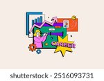 Career opportunities concept in the flat cartoon style. Bright career planning illustration with a woman looking through a telescope, bar chart, gears, arrows. Vector illustration.