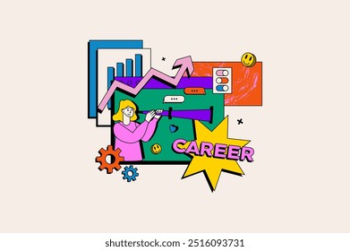 Career opportunities concept in the flat cartoon style. Bright career planning illustration with a woman looking through a telescope, bar chart, gears, arrows. Vector illustration.