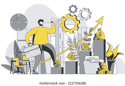 Career opportunities concept with outline people scene. Man is looking for new projects, invests money and increases income, achieves goals. Vector illustration in flat line design for web template