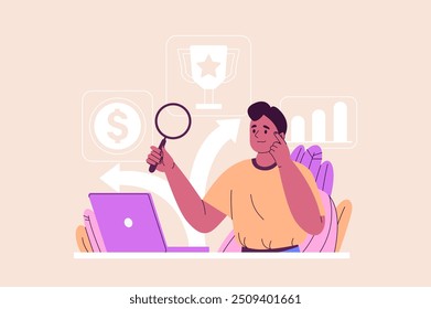 Career opportunities concept with people scene in the flat cartoon design. A man is holding a magnifying glass, looking at data on a laptop, with icons on the background. Vector illustration.