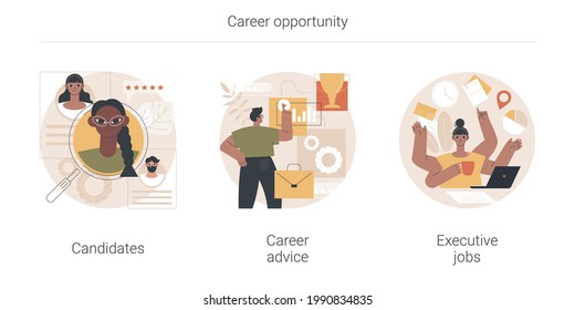 Career opportunity abstract concept vector illustration set. Candidate list, career advice, executive job, human resources, find employee, job applicant, leadership coach, create CV abstract metaphor.