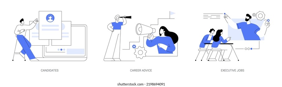 Career opportunity abstract concept vector illustration set. Candidate list, career advice, executive job, human resources, find employee, job applicant, leadership coach, create CV abstract metaphor.