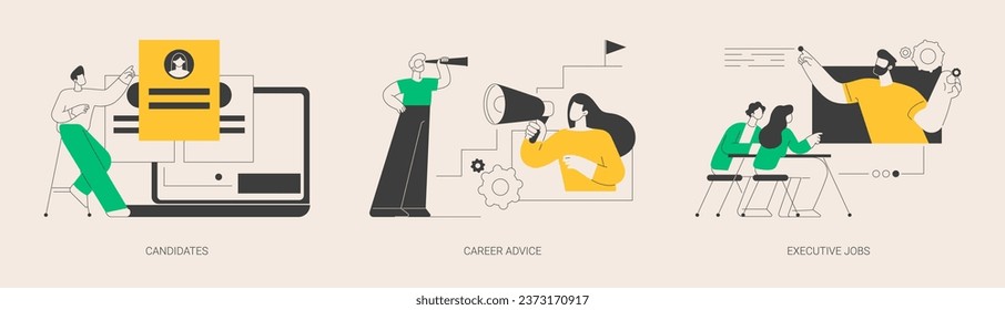 Career opportunity abstract concept vector illustration set. Candidate list, career advice, executive job, human resources, find employee, job applicant, leadership coach, create CV abstract metaphor.