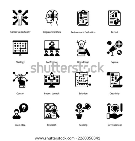 Career Opportunity, Biographical Data, Performance Evaluation, Report, Strategy, Conference, Knowledge, Explore, Control, Project Launch, Solution, Glyph Icons - Solid, Vectors