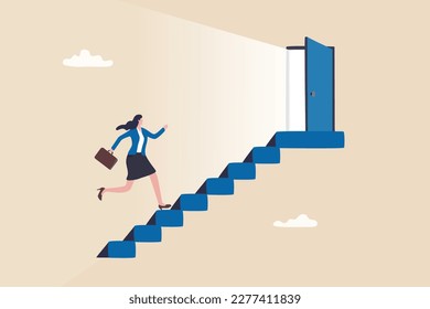 Career opportunity, door step to success, career development or growth and improvement to reach success, job promotion or challenge to grow concept, businesswoman employee walk up stair to open door.