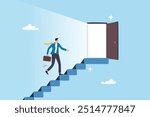 Career opportunity, doorway to success, solution or hope for aspiration, entering opening door for new career chance, possibility concept, businessman walk staircase to find opening opportunity door.