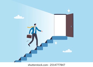 Career opportunity, doorway to success, solution or hope for aspiration, entering opening door for new career chance, possibility concept, businessman walk staircase to find opening opportunity door.