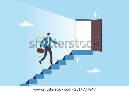 Career opportunity, doorway to success, solution or hope for aspiration, entering opening door for new career chance, possibility concept, businessman walk staircase to find opening opportunity door.