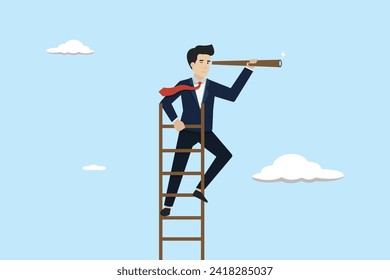Career opportunity, future or business discovery concept, business success vision, looking for goal, businessman climb up ladder looking on telescope.
