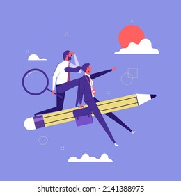 Career opportunity, investment or business vision, future forecast or discover new idea and inspiration concept, business team flying on pencil with binoculars to see opportunity