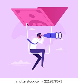 Career opportunity, investment or business vision, future forecast or discover new idea and inspiration concept, Businessman flying with money banknote and using binoculars to see opportunity