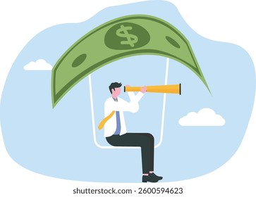Career opportunity, investment or business vision, future forecast or discover new idea and inspiration concept, Businessman flying with money banknote and using binoculars to see opportunity

