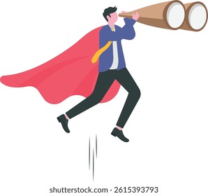 Career opportunity, investment or business vision, future forecast or discover new idea and inspiration concept, business supermen flying with binoculars to see opportunity.


