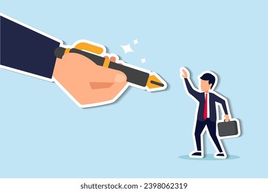 Career opportunity, job promote, giving power or strength to employee to make decision or empower and courage for leadership concept, big hand giving fountain pen to smart confidence businessman.