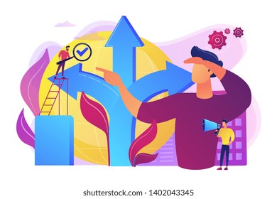 Career Opportunity. Life Coaching, Self Development. Path, Direction Choosing. Decision Making, Problem Solving Activity, Best Decision Here Concept. Bright Vibrant Violet Vector Isolated Illustration