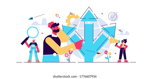 Career opportunity. Life coaching, self development. Path, direction choosing. Decision making, problem solving activity, best decision here concept. Bright vibrant violet vector isolated illustration