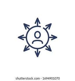 Career opportunity thin icon. Person in circle with outward arrows, choosing job, direction. Line icon for business, college, choice, occupation concept