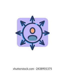 Career opportunity thin icon. Person in circle with outward arrows, choosing job, direction. Line icon for business, college, choice, occupation concept