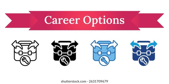 Career Options - Multi Style Outline, Glyph Silhouette, Blue, Dual Tone Icon - Briefcase with diverging arrows and a wrench, symbolizing various job paths and skill-based choices