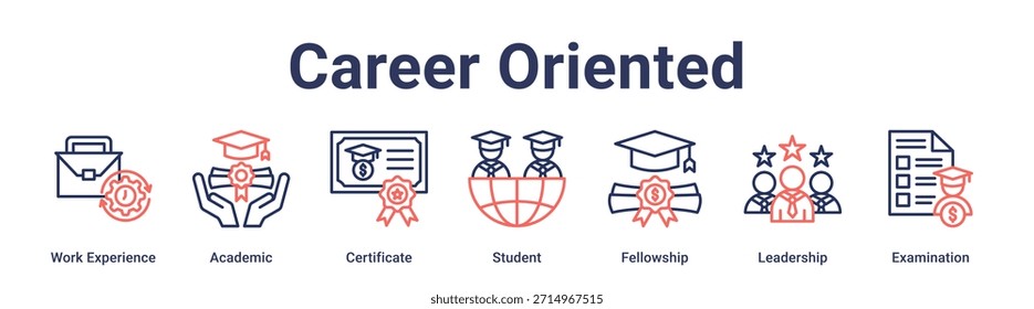 Concepto de Ilustración vectorial de ícono de Web de Anuncio orientado a la carrera para la educación con ícono de experiencia laboral, académico, certificado, estudiante, beca, liderazgo.