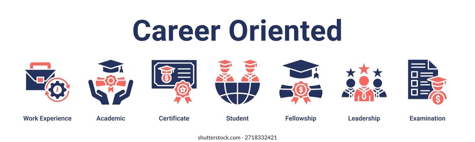 Concepto de Ilustración vectorial de ícono de Web de Anuncio orientado a la carrera para la educación con ícono de experiencia laboral, académico, certificado, estudiante, beca, liderazgo.