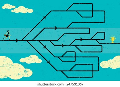 Career Path Businesswoman navigating her career path to success. The woman and maze are on a separate labeled layer from the background.