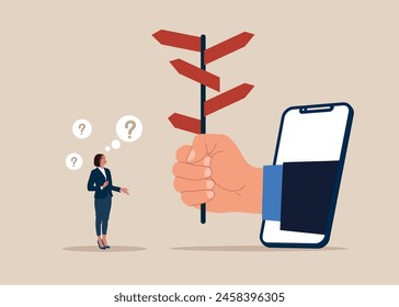 Career path, or choose the right way to success. Woman looking at multiple road sign with question mark and thinking which way to go. Flat vector illustration