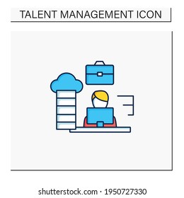 Career path color icon. Workforce development strategy.Self-improvement, career growth. Employee works on laptop. Hardworking. Talent management concept. Isolated vector illustration