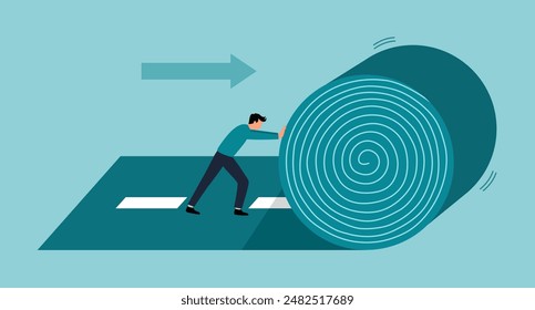 Career path or create success way, begin new road to achieve target or entrepreneur plan ahead way their own way concept. Businessman rolling the road carpet to walk to success.