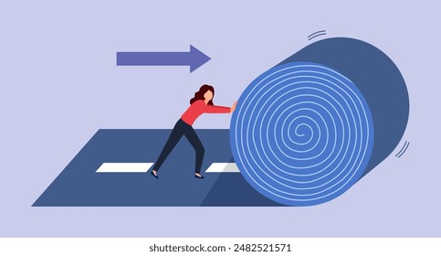 Career path or create success way, begin new road to achieve target or entrepreneur plan ahead way their own way concept. Woman rolling the road carpet to walk to success.