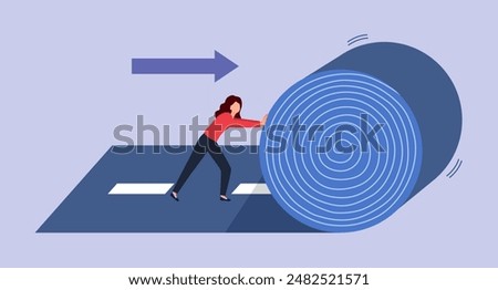 Career path or create success way, begin new road to achieve target or entrepreneur plan ahead way their own way concept. Woman rolling the road carpet to walk to success.