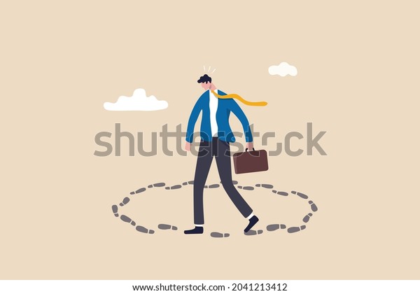 Career path dead end, work on same old repetitive\
job, business as usual no motivation or infinity loop routine job\
concept, frustrated businessman walk in circle with no way out  and\
no career path.