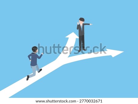 Career path decision concept with mentor guiding young man at crossroads.
