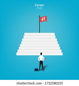 Career path design concept. Businessman character planning to climb up staircase to achieve the goal in future illustration. Vector template for business career development