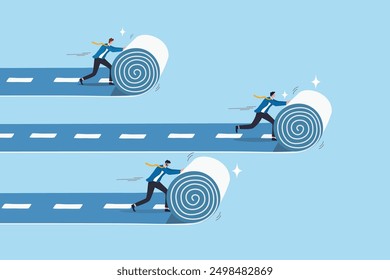 Career path development, effort or motivation to lead to success, business competition, efficiency or productivity, employee performance concept, businessman roll career road to create success path.