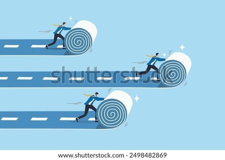Career path development, effort or motivation to lead to success, business competition, efficiency or productivity, employee performance concept, businessman roll career road to create success path.