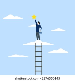 career path or dream job concept, Business champions win awards, win star employees, successful entrepreneurs climb the ladder to the clouds to achieve and reach the worthy stars.