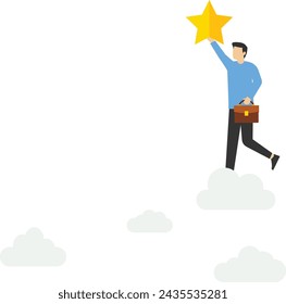 Career path or dream job concept, Business champions win awards, win star employees, successful entrepreneurs climb the ladder to the clouds to achieve and reach the worthy stars.