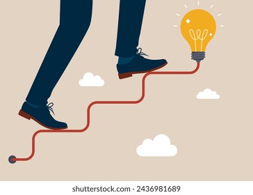 Career path or goal achievement, businessman walking on electricity line as stairway to big idea light bulb. Flat vector illustration