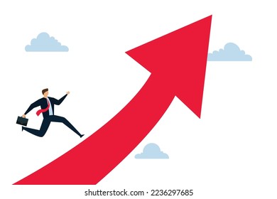 Camino de carrera para crecer, hombre de negocios inteligente de confianza en traje con maletín que corre en flecha ascendente hacia el cielo.
