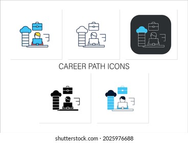 Career path icons set. Workforce development strategy.Self-improvement, career growth. Employee works on laptop.Collection of icons in linear, filled, color styles.Isolated vector illustrations