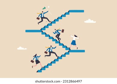 Career path or improvement, growth stair to success, job promotion or business competition, aspiration or motivation to succeed concept, business people walk up stair to next level floor to the top.