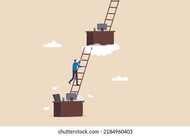 Career path or job promote, occupation or ladder of success, growth step or progress to achieve goal, challenge and ambition concept, businessman climb up ladder from his working desk to higher level.