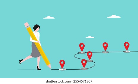 career path or journey to achieve success, success step to reach business goal or target, benchmark of success, businesswoman using pencil to draw workflow line with achievement location milestones