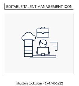 Career path line icon. Workforce development strategy.Self-improvement, career growth. Employee works on laptop. Hardworking. Talent management concept. Isolated vector illustration.Editable stroke