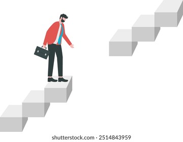 Obstáculo de la trayectoria profesional, problema o riesgo comercial, desafío para lograr el éxito o liderazgo para superar el concepto de dificultad, hombre de negocios inteligente caminar al siguiente nivel con precaución de la escalera rota dañada