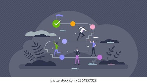 Career path roadmap as work challenge development route tiny person concept. Job progress and improvement with effective vision, motivation and goal vector illustration. Road map for successful leader